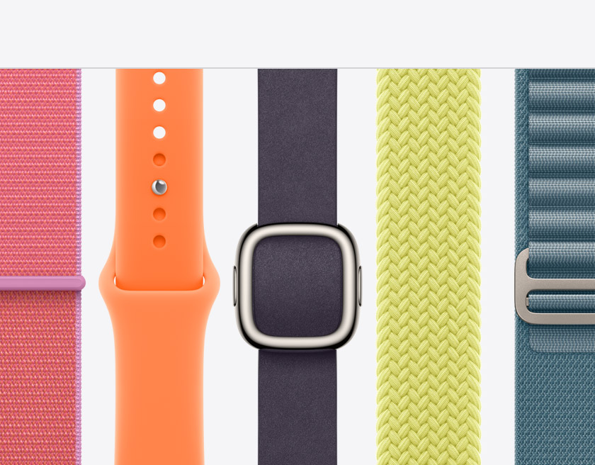 Apple Watch straps: Sport Loop, bright guava colour (hot pink with lavender edging), Sport Band, clementine colour (bright orange), Modern Buckle band, midnight purple colour (dark purple), Braided Solo Loop, neon yellow colour, Alpine Loop, light blue colour