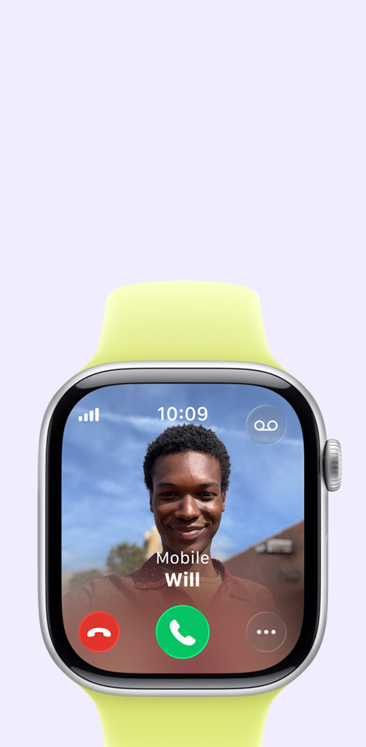 Apple Watch Series 11, aluminium case, Space Grey colour, incoming call, contact photo, accept and decline call buttons, right side exterior, Digital Crown, Sport Band, neon yellow colour