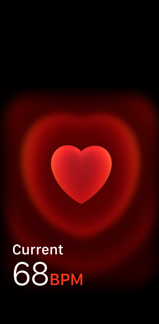 Heart Rate app, current beats per minute at 68