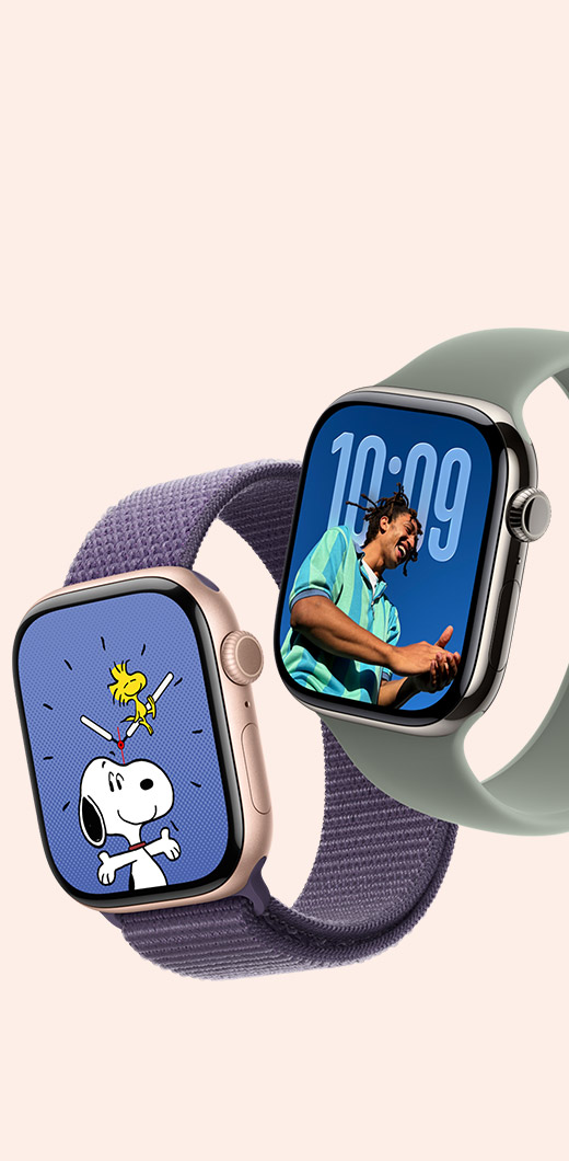 Apple Watch Series 11 devices, aluminium case, Space Grey colour and titanium case, natural colour, Snoopy and Photos watch faces, Sport Loop, purple fog colour, Solo Loop, green grey colour