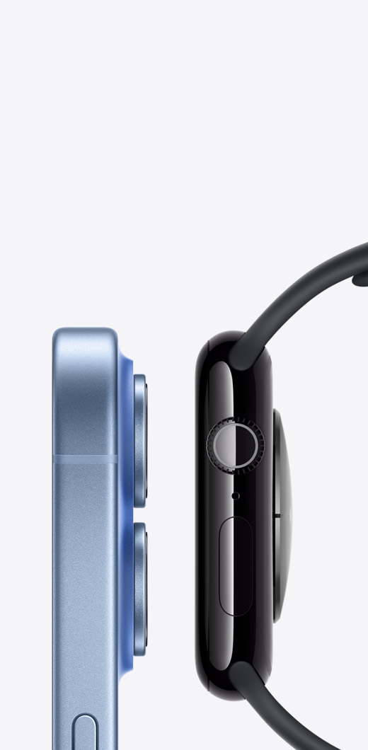 iPhone 17, right side exterior, lock button, raised camera lenses, Apple Watch Series 11, right side exterior, Digital Crown, microphone, side button