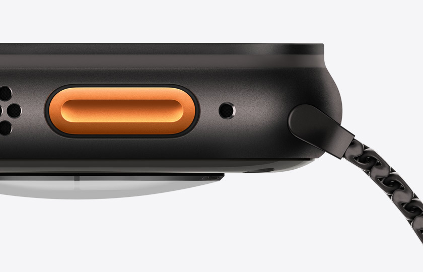 Apple Watch Ultra 3, titanium case, black colour, left side exterior, speaker/air vent, Action button, microphone