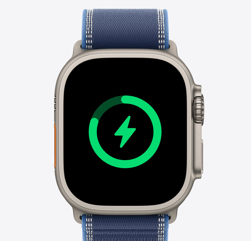 Apple Watch Ultra 3, titanium case, natural colour, battery charging icon, Trail Loop, blue/bright blue colour