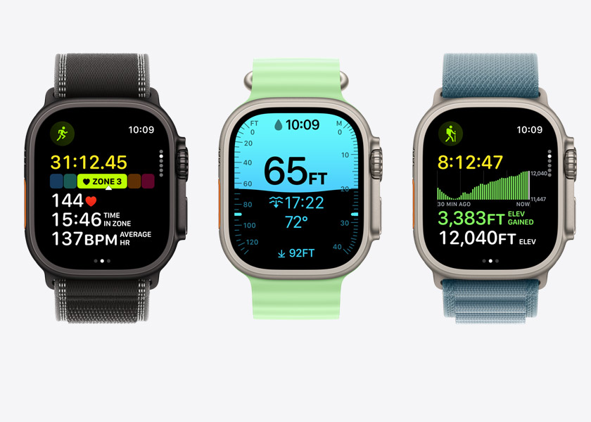 Apple Watch Ultra 3 devices, titanium cases, natural and black colours, Workout app screens: running, scuba, hiking, straps: Trail Loop, black/charcoal colour, Ocean Band, neon green colour, Alpine Loop, anchor blue colour