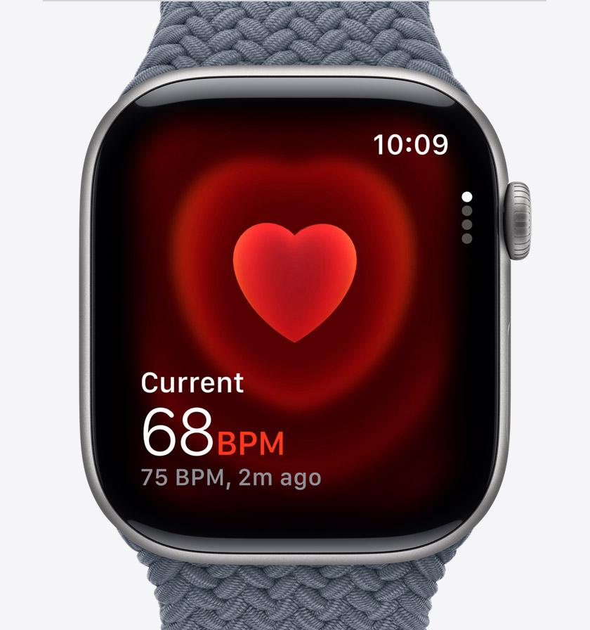 Apple Watch Series 11, aluminium case, space grey colour, Heart Rate app, current beats per minute, Braided Solo Loop, anchor blue