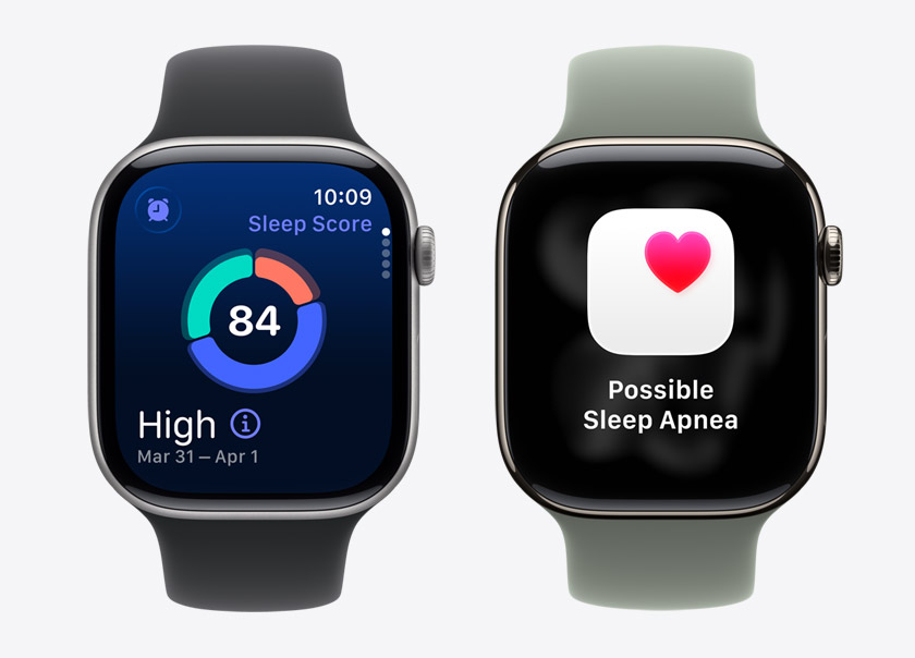 Two Apple Watch Series 11, sleep score screen, possible sleep apnoea notification, Sport Loops, black and green grey colours