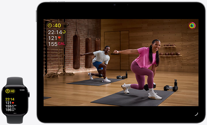 Apple Watch tracks a workout, iPad plays live fitness class