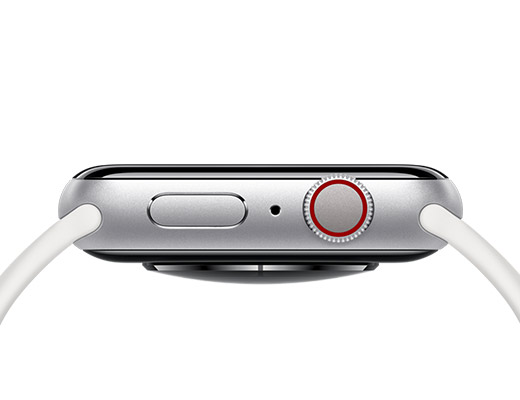 Apple Watch, silver colour, right side exterior, side button, microphone hole, Digital Crown