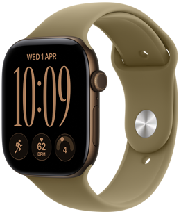 Apple Watch Series 12, aluminium case, dark bronze colour, right side exterior, Digital Crown dial, microphone, side button, connected to Sport Band, olive colour (earthy green), pin-and-tuck closure (silver pin)