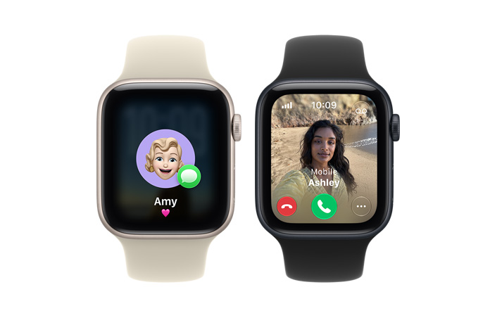 Apple Watch SE 3 devices, aluminium cases, starlight and midnight colours, screens show memoji, incoming call, right side exterior, Digital Crown dial, Sport Bands, sand (pale tan) and black colours