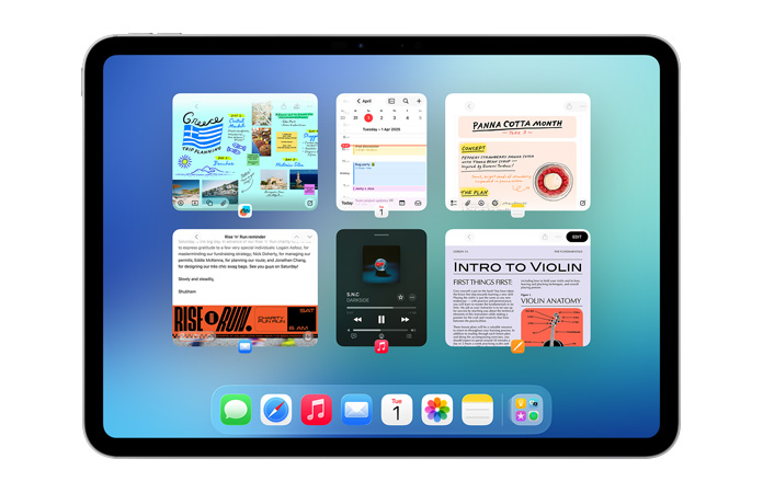 iPad, landscape orientation, screen shows six windows open in two rows, including Calendar app, Notes app, Apple Music and Safari