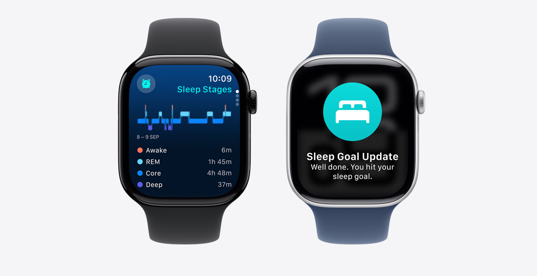 Two Apple Watch Series 10. The first shows Sleep Stages data. The second shows a Possible Sleep Apnoea notification