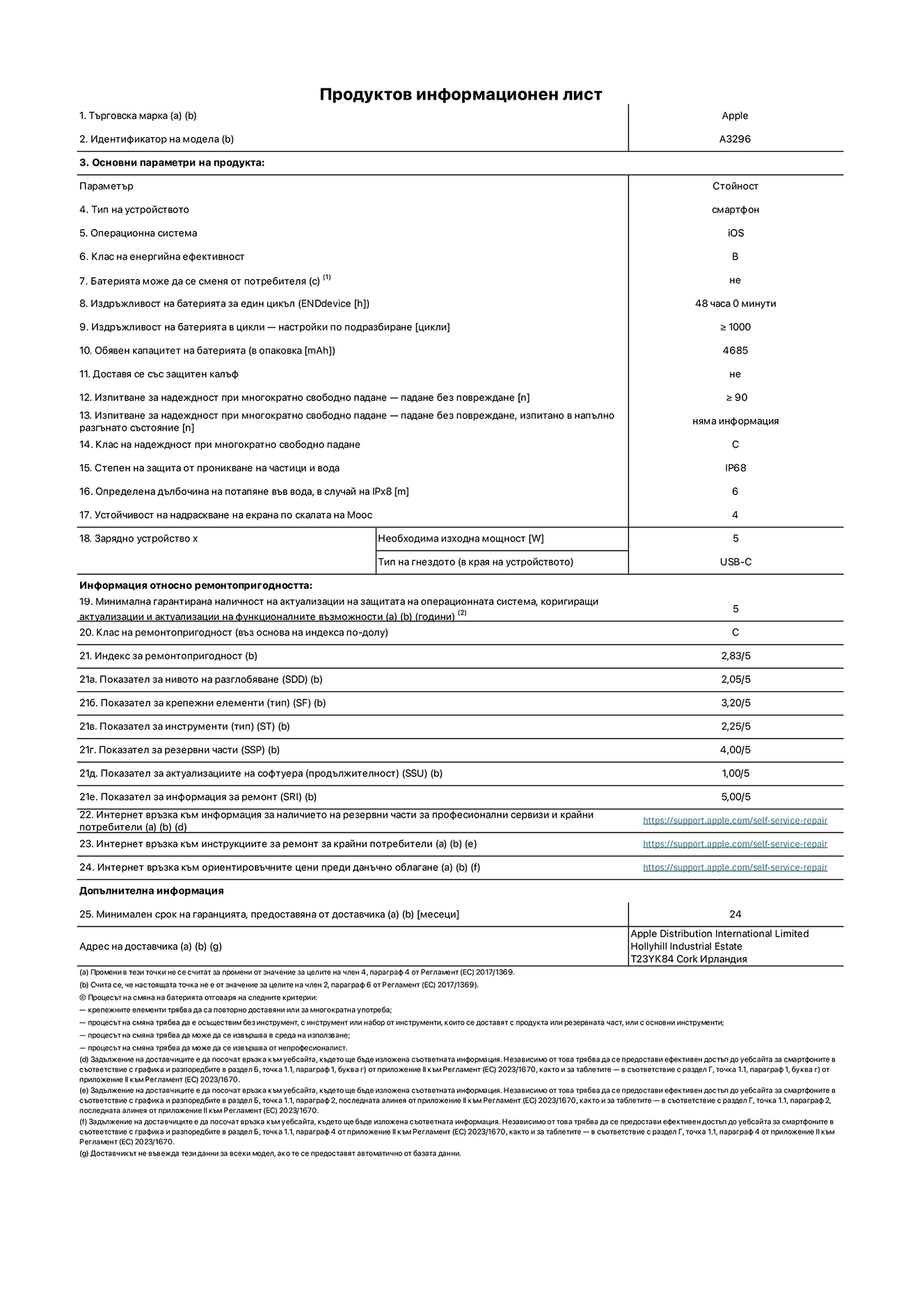 Продуктов информационен лист за iPhone 16 Pro Max, модел A3296. Доставено от Apple Distribution International Limited, Hollyhill Industrial Estate. Cork, Ирландия T23 YK84. Тип устройство: смартфон. Операционна система: iOS. Клас на енергийна ефективност: B. Батерията може да се сменя от потребителя: не. Издръжливост на батерията за един цикъл: 48 часа. Издръжливост на батерията в цикли - настройки по подразбиране: По-голяма или равна на 1000. Обявен капацитет на батерията: 4685 mAh. Доставя се със защитен калъф: не. Изпитване за надеждност при многократно свободно падане - падане без повреждане: по-голямо или равно на 90. Изпитване за надеждност при многократно свободно падане - падане без повреждане, тествано в напълно разгънато състояние: не е приложимо. Клас на надеждност при многократно свободно падане: C. Степен на защита от проникване на частици и вода: IP68. Определена дълбочина на потапяне във вода, в случай на iPx8: 6 метра. Устойчивост на надраскване на екрана по скалата на твърдост на Моос: 4. Необходима изходна мощност на зарядното устройство: 5 вата. Тип на гнездото за зарядно устройство (в края на устройството): USB-C. Минимална гарантирана наличност на актуализации за сигурност на операционната система, коригиращи актуализации и актуализации на функционалността: 5 години. Клас на ремонтопригодност: C. Индекс на ремонтопригодност: 2,83/5. Показател за нивото на разглобяване (SDD): 2,05/5. Показател за крепежни елементи: 3,20/5. Показател за инструменти: 1,00/5. Показател за резервни части: 4,00/5. Показател за актуализации на софтуера: 1,00/5. Показател за информация за ремонт: 5,00/5. Уебвръзка към информация за наличността на резервни части за професионални сервизи и крайни потребители: https://ancillary-proxy.atarimworker.io?url=https%3A%2F%2Fsupport.apple.com%2Fself-service-repair. Уебвръзка към инструкции за ремонт за крайни потребители: https://ancillary-proxy.atarimworker.io?url=https%3A%2F%2Fsupport.apple.com%2Fself-service-repair. Уебвръзка към ориентировъчни цени преди данъци: https://ancillary-proxy.atarimworker.io?url=https%3A%2F%2Fsupport.apple.com%2Fself-service-repair. Предлага се 24-месечна обща гаранция.