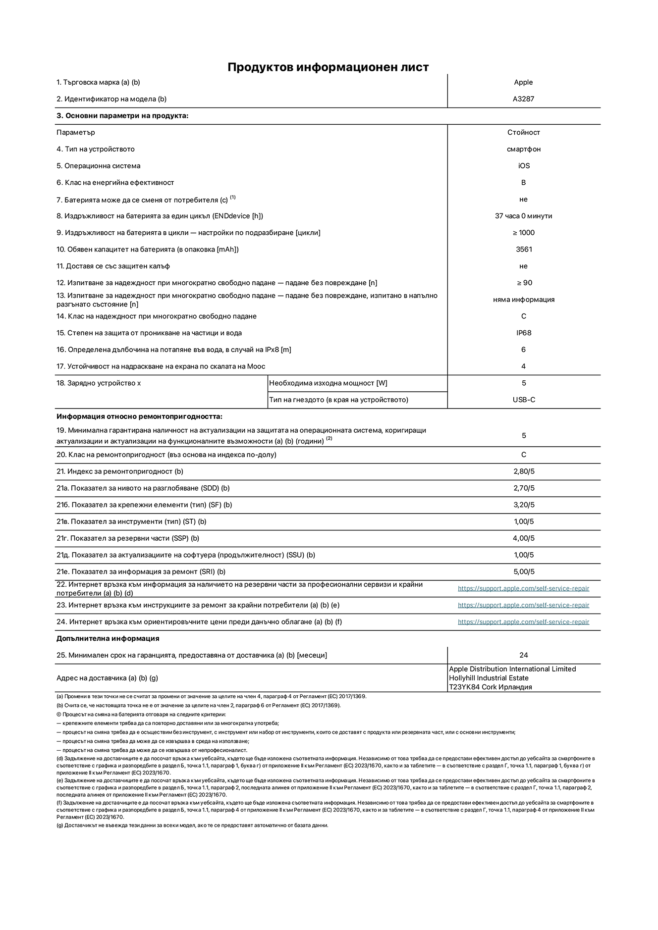 Продуктов информационен лист за iPhone 16, модел A3287. Доставено от Apple Distribution International Limited, Hollyhill Industrial Estate. Cork, Ирландия T23 YK84. Тип устройство: смартфон. Операционна система: iOS. Клас на енергийна ефективност: B. Батерията може да се сменя от потребителя: не. Издръжливост на батерията за един цикъл: 37 часа. Издръжливост на батерията в цикли - настройки по подразбиране: ≥ 1000. Обявен капацитет на батерията: 3561mAh. Доставя се със защитен калъф: не. Изпитване за надеждност при многократно свободно падане - падане без повреждане: ≥ 90. Изпитване за надеждност при многократно свободно падане - падане без повреждане, тествано в напълно разгънато състояние: не е приложимо. Клас на надеждност при многократно свободно падане: C. Степен на защита от проникване на частици и вода: IP68. Определена дълбочина на потапяне във вода, в случай на iPx8: 6. Устойчивост на надраскване на екрана по скалата на твърдост на Моос: 4. Необходима изходна мощност на зарядното устройство: 5W. Тип на гнездото за зарядно устройство (в края на устройството): USB-C. Минимална гарантирана наличност на актуализации за сигурност на операционната система, коригиращи актуализации и актуализации на функционалността: 5 години. Клас на ремонтопригодност: C. Индекс на ремонтопригодност: 2,80/5. Показател за нивото на разглобяване (SDD): 2,70/5. Показател за крепежни елементи: 3,20/5. Показател за инструменти: 1,00/5. Показател за резервни части: 4,00/5. Показател за актуализации на софтуера: 1,00/5. Показател за информация за ремонт: 5,00/5. Уебвръзка към информация за наличността на резервни части за професионални сервизи и крайни потребители: https://ancillary-proxy.atarimworker.io?url=https%3A%2F%2Fsupport.apple.com%2Fself-service-repair. Уебвръзка към инструкции за ремонт за крайни потребители: https://ancillary-proxy.atarimworker.io?url=https%3A%2F%2Fsupport.apple.com%2Fself-service-repair. Уеблинк към ориентировъчни цени преди данъци: https://ancillary-proxy.atarimworker.io?url=https%3A%2F%2Fsupport.apple.com%2Fself-service-repair. Предлага се 24-месечна обща гаранция.