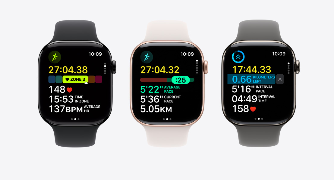 Apple Watch Series 11 устройства, корпуси от алуминий и титан, цветове смолисточерно, розово златно и натурално, фитнес екрани: Зони на сърдечна честота, Темпо, Персонализирана тренировка с интервали, Sport Band каишки, цветове черно, лек руж и каменно сиво