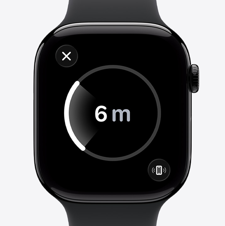 Apple Watch Series 11, алуминиев корпус, цвят полирано смолисточерно, екран на Прецизно намиране, приблизително разстояние до изгубения телефон, Sport Band, цвят черно