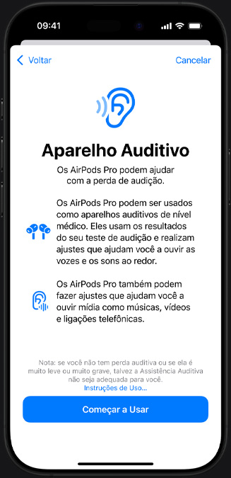 Tela de introdução do recurso de Aparelho Auditivo.