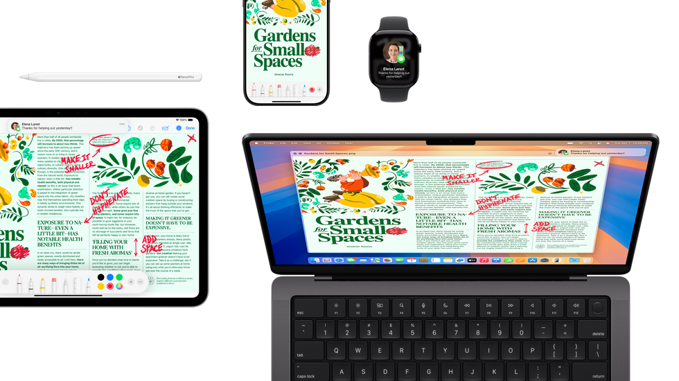 Vários aparelhos, incluindo iPad, iPhone, Apple Watch e Mac, mostram o mesmo conteúdo.