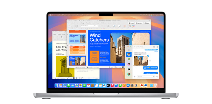 Demonstração de apps como Microsoft PowerPoint e Mensagens no MacBook Pro com chip M4.