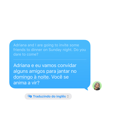 Recurso Tradução ao Vivo no Mensagens em uso, mostrando uma tradução do inglês para o espanhol