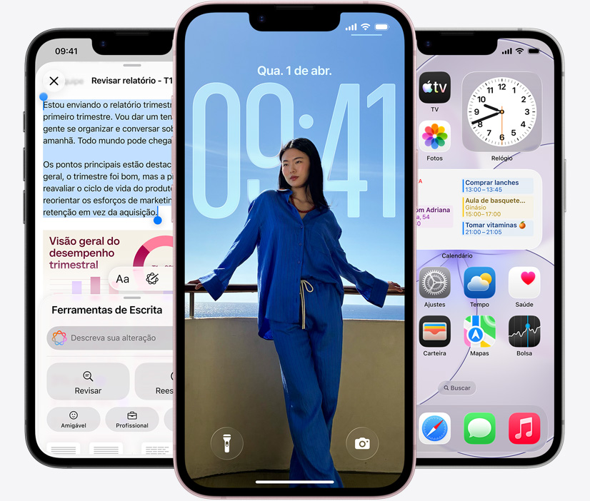 Três aparelhos iPhone 17e mostrando o app Mensagens enviando mensagens via satélite, a Tela Bloqueada com a foto de uma pessoa e uma notificação de evento do calendário e uma captura de tela com a Apple Intelligence em uso