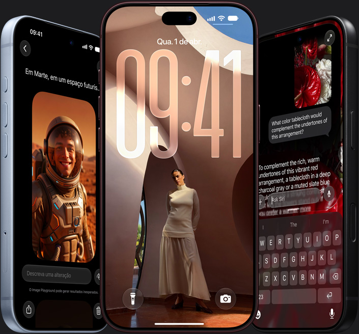 Siri AI. iPhone 18 Pro prateado-claro de lado à esquerda, iPhone 18 Pro no centro mostrando o teclado e a Siri com informações sobre uma bola de críquete, iPhone 18 Pro Max preto à direita mostrando a Siri com uma receita