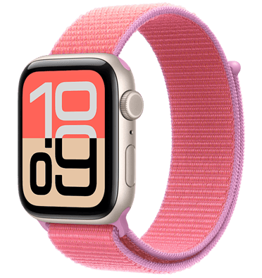 Apple Watch SE 3, aluminum case, starlight colour, Flux watch face, right side exterior, Digital Crown, microphone, side button, neon yellow Sport Loop, pull tab closure