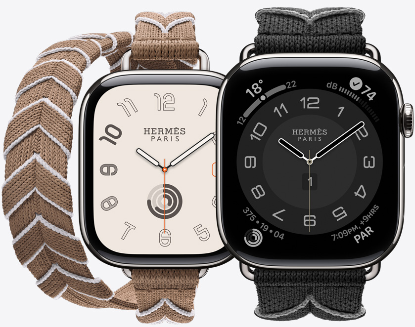 Front view of the continuous knit Bridon Attelage Double Tour and Bridon Single Tour bands in Beige de Weimar/Blanc (beige/white) and Noir/Gris (black/grey) with the Hermès Radial watch face and Hermès Circulaire watch face.