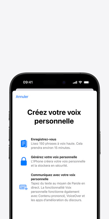 Écran d’un iPhone 16 Pro montrant la fonctionnalité Voix personnelle et des directives pour créer sa propre voix
