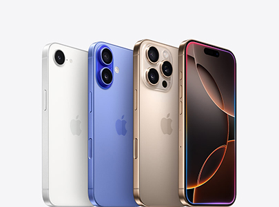 iPhone seize-e blanc, iPhone 16 bleu outremer, iPhone 16 Pro titane sable et écran d’iPhone vu de face