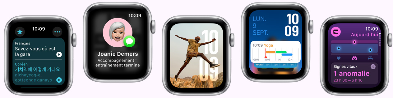 Plusieurs Apple Watch affichant différents cadrans