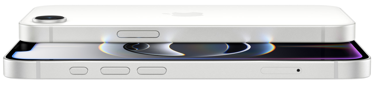 Deux iPhone seize-e blancs superposés, montrant une vue latérale avec la caméra, l’écran Retina, le bouton Action et le bouton latéral.