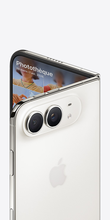 iPhone Duo, couleur blanc stellaire, face arrière externe complète, logo Apple au centre, système à deux caméras Fusion 48 mégapixels, face avant interne partielle, écran en mode En veille avec fond d’écran générique