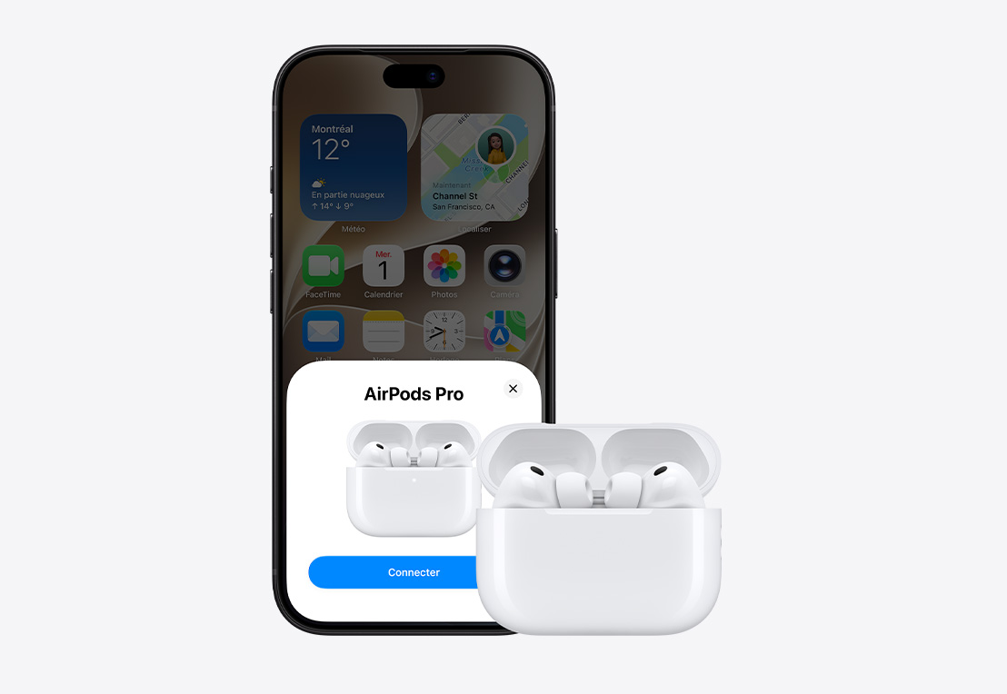 iPhone 18 Pro, face avant, écran d’accueil ouvert, fenêtre de connexion à l’écran, à côté d’AirPods Pro 3 dans un étui de recharge MagSafe ouvert