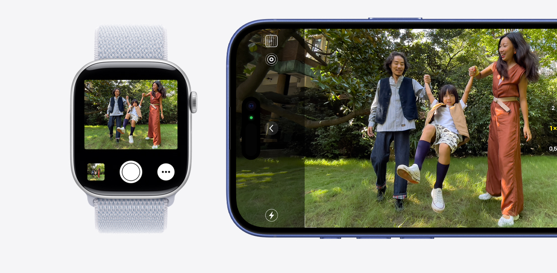 Un iPhone 16 montrant un groupe qui pose pour une photo, et une Apple Watch Series 10 où l’image est reproduite grâce à la fonctionnalité Télécommande de l’appareil photo.