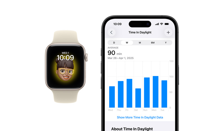Apple Watch SE 3, aluminum case, starlight colour, Memoji watch face, iPhone, health sharing tab with time in Daylight hours