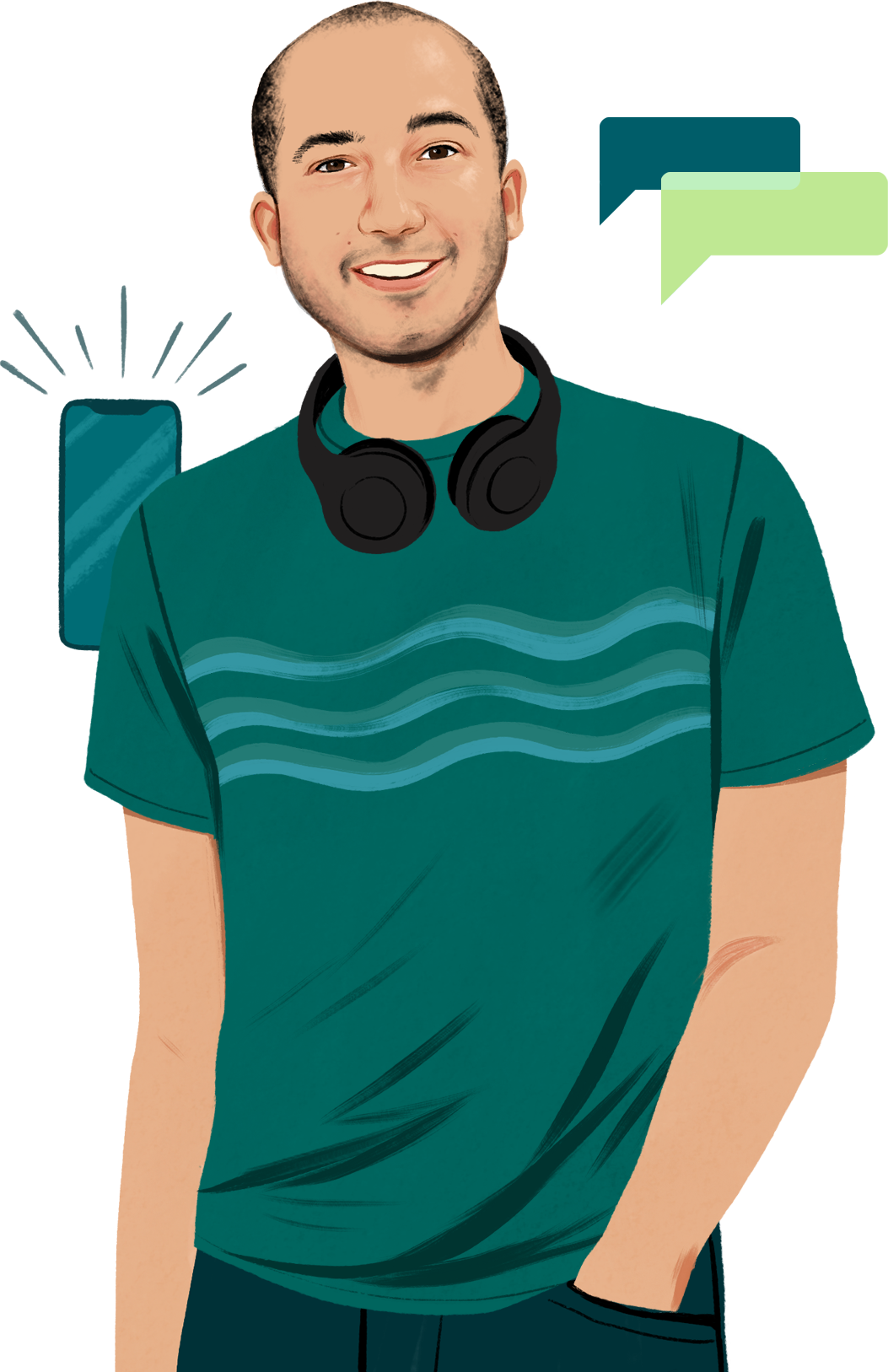 首にヘッドフォンをかけ、読者の方に笑顔を向けているChrisのポートレートイラスト。音波を発している状態がビジュアル化されたiPhoneのイラストがフレーム内に入ってくる。
