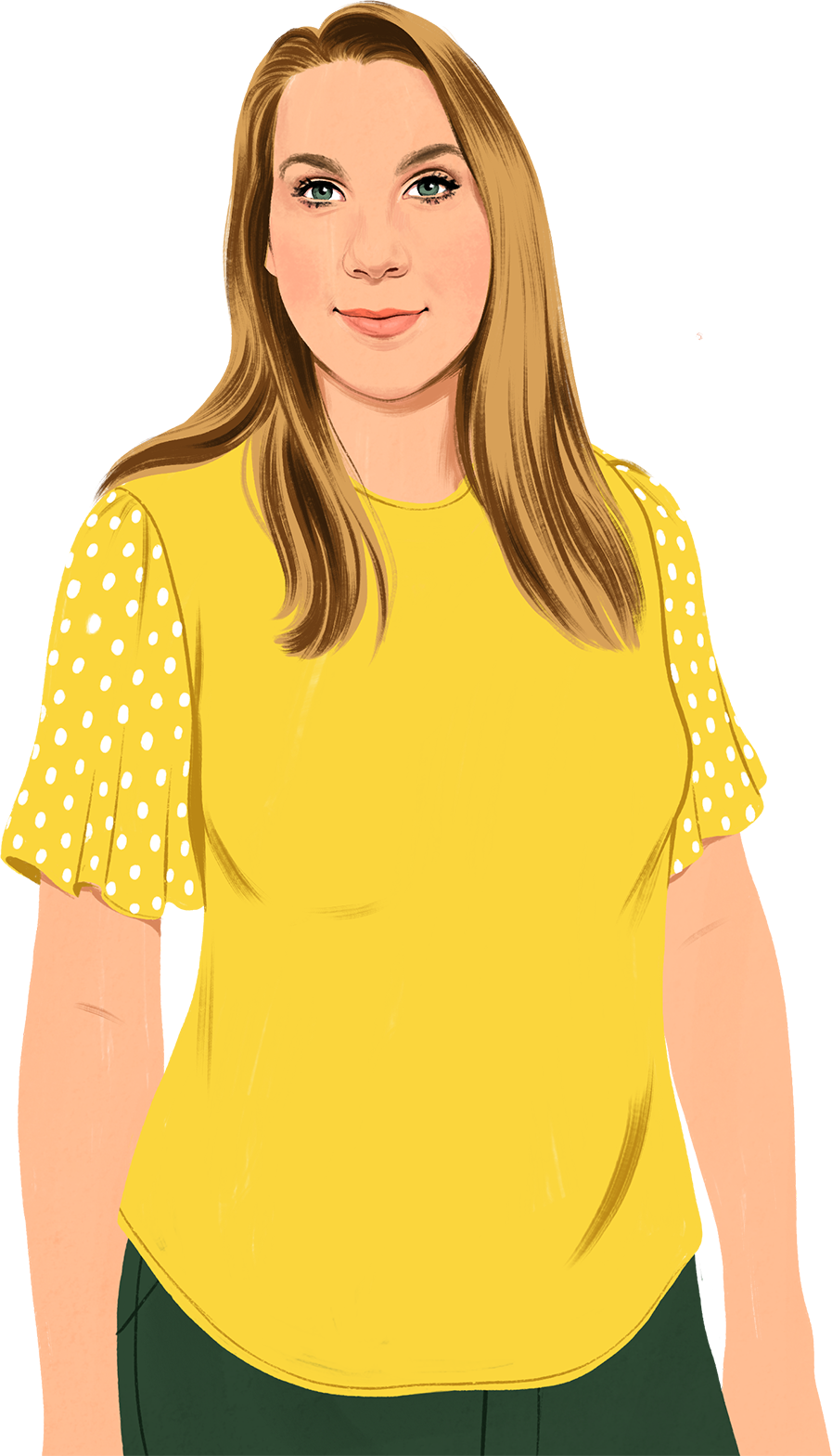 Portrait illustré de Jennifer qui sourit et nous regarde; des dessins de feuilles vertes apparaissent.
