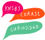 Trois bulles de dialogue colorées, chacune contient des mots en espagnol : l’acronyme YNSBJ, coraje, et curiosidad