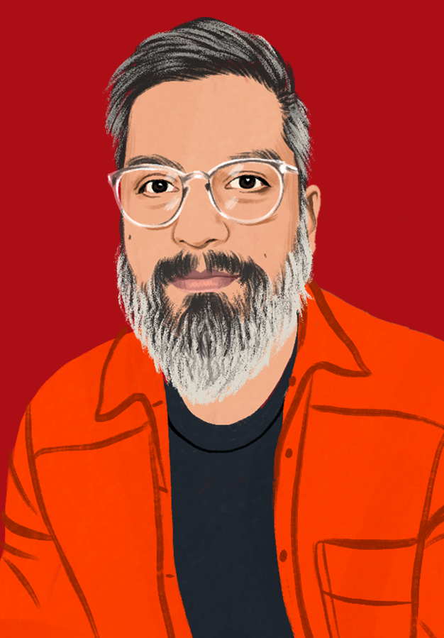 Portrait illustré de JP qui sourit et nous regarde.