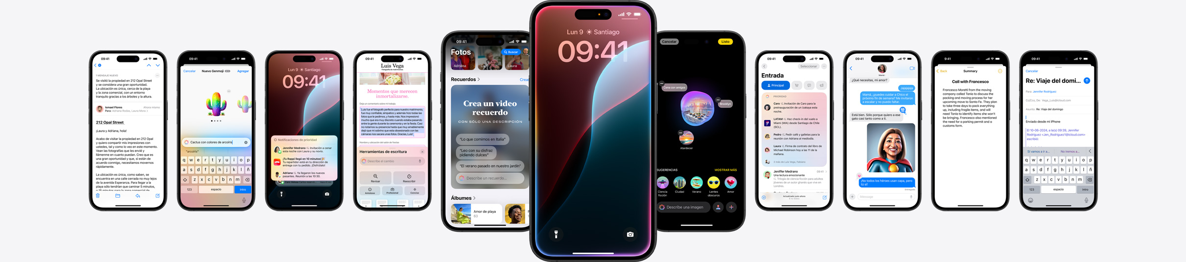 Imagen estática de varios iPhone que muestran funcionalidades de Apple Intelligence.