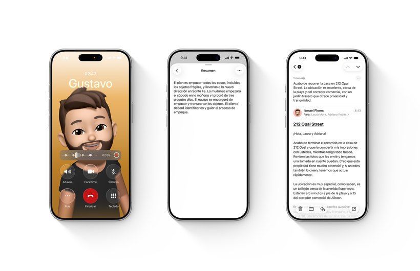 Tres dispositivos iPhone muestran funcionalidades de Apple Intelligence: resumen de mensaje de voz, grabación y resumen de notas y llamadas, y resumen de emails