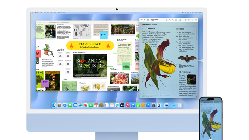 Un iMac y un iPhone muestran contenido con colores vibrantes.