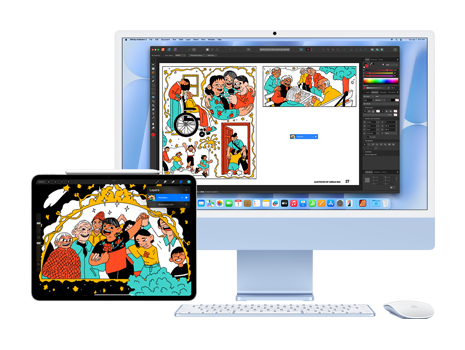 Una ilustración divertida y con colores vibrantes en un iPad y en la pantalla de un iMac. En el iMac, la ilustración aparece dentro de una app de diseño.
