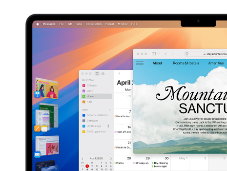 Se muestra una pantalla con varias ventanas y apps, como Keynote, Pages, Mail y un sitio web con contenido sobre un lugar de relajación.