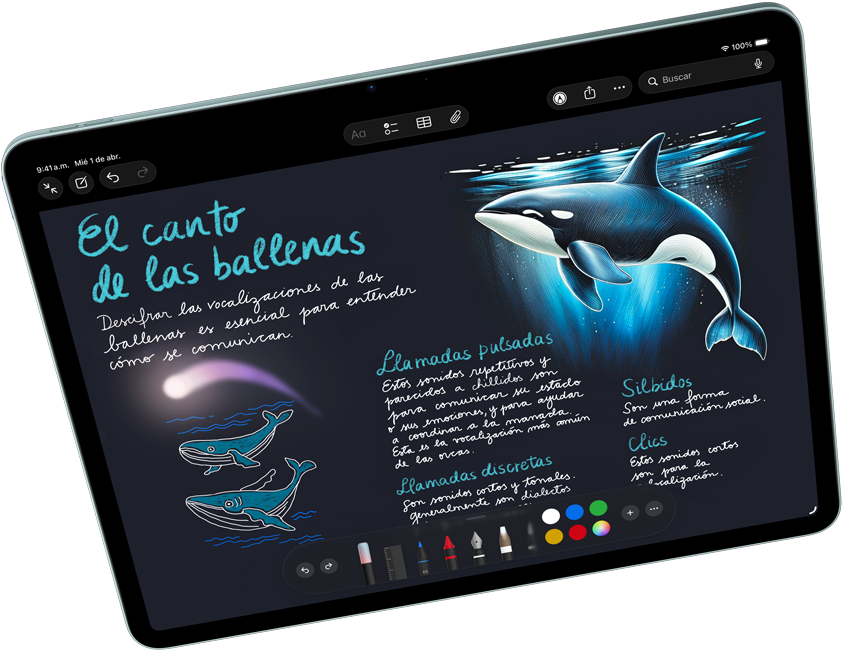 iPad Air en horizontal que muestra Apple Intelligence con Image Playground y Keynote, Apple Pencil Pro