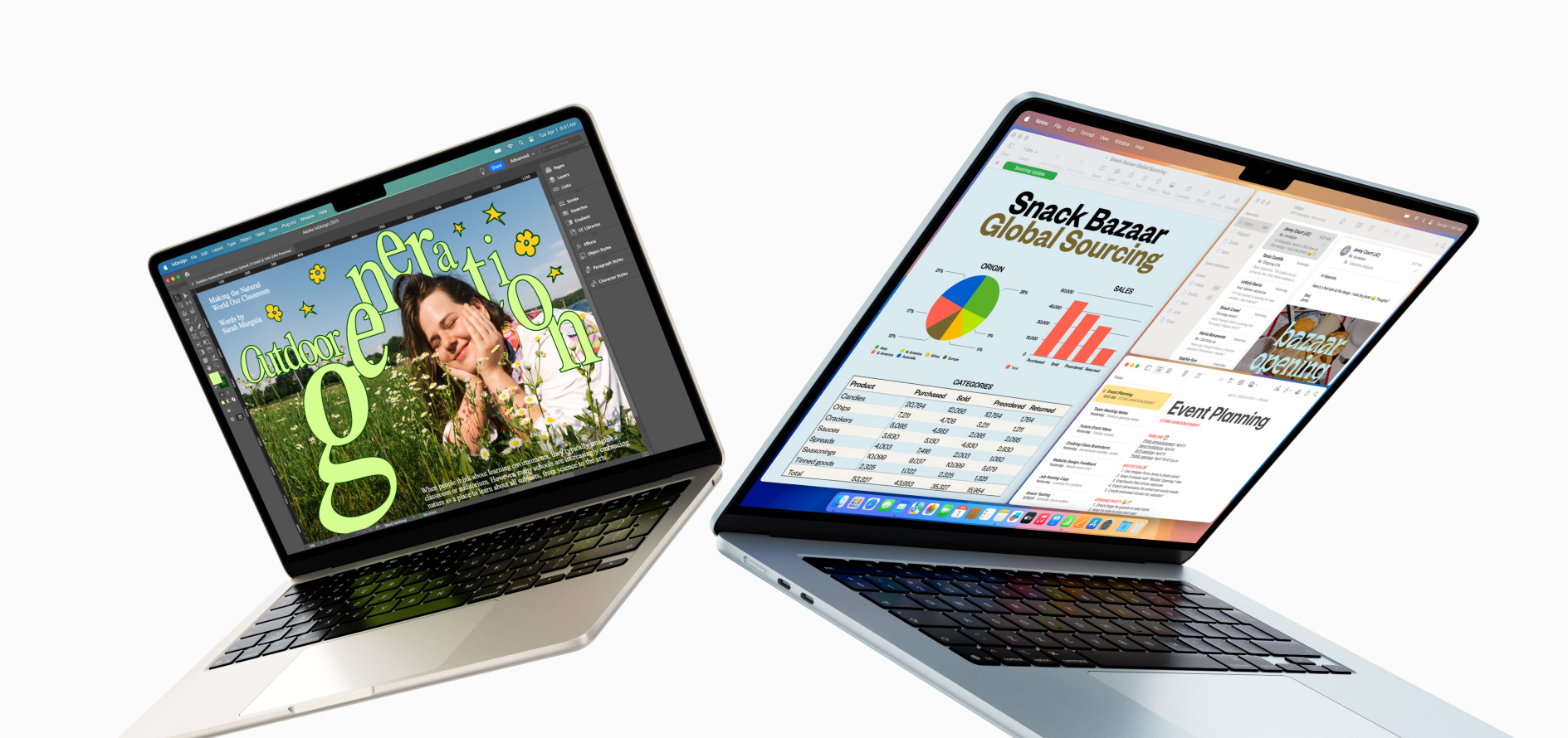 Una MacBook Air de 13 pulgadas y una MacBook Air de 15 pulgadas parcialmente abiertas. Una pantalla muestra un trabajo de diseño en progreso y la otra, varias tareas que se realizan al mismo tiempo, con emails y hojas de cálculo