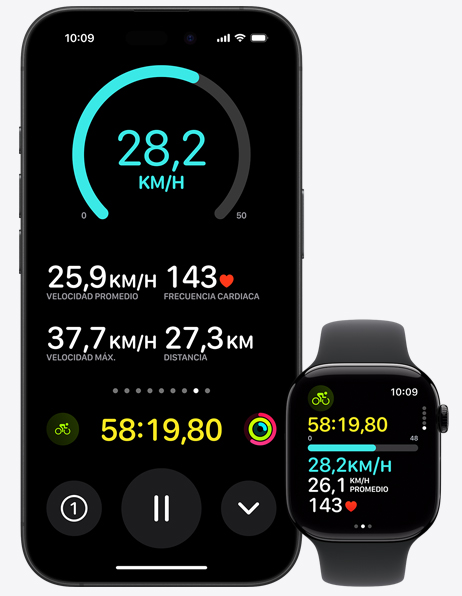 Un iPhone junto a un Apple Watch muestran datos de un entrenamiento de Bici.