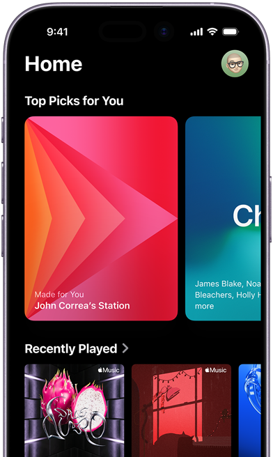 Obrazovka iPhonu s&nbsp;panelem Pusťte si v&nbsp;aplikaci Apple&nbsp;Music. Na karuselu Výběr toho nejlepšího pro vás se zobrazují osobní stanice a&nbsp;playlisty Kim Petras.