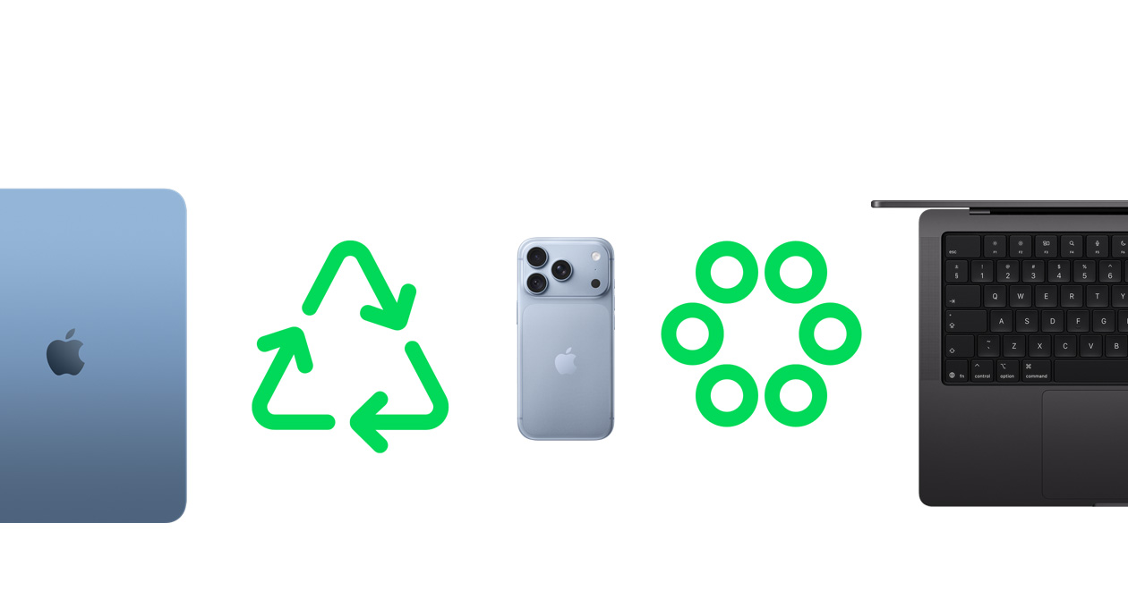 Pohled zezadu na modrý iPad&nbsp;Air, zelená ikona recyklace, pohled zezadu na ledovcově modrý&nbsp;18&nbsp;Pro, zelený symbol recyklace materiálů, částečný pohled na vesmírně černou klávesnici MacBooku&nbsp;Pro